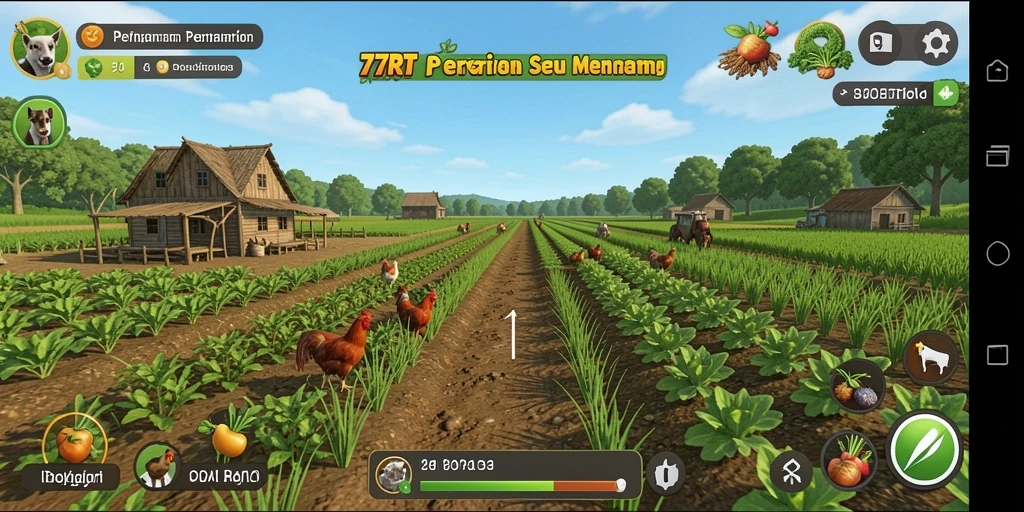 Tampilan gameplay menakjubkan dalam 77RT dengan elemen pertanian yang interaktif.