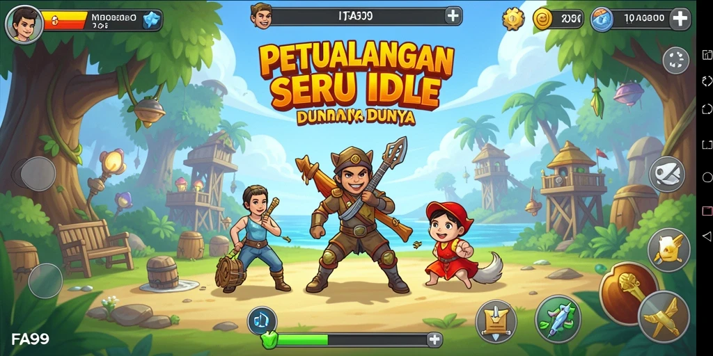 Screenshot FA99 menampilkan karakter yang sedang mengumpulkan sumber daya dalam mode idle.