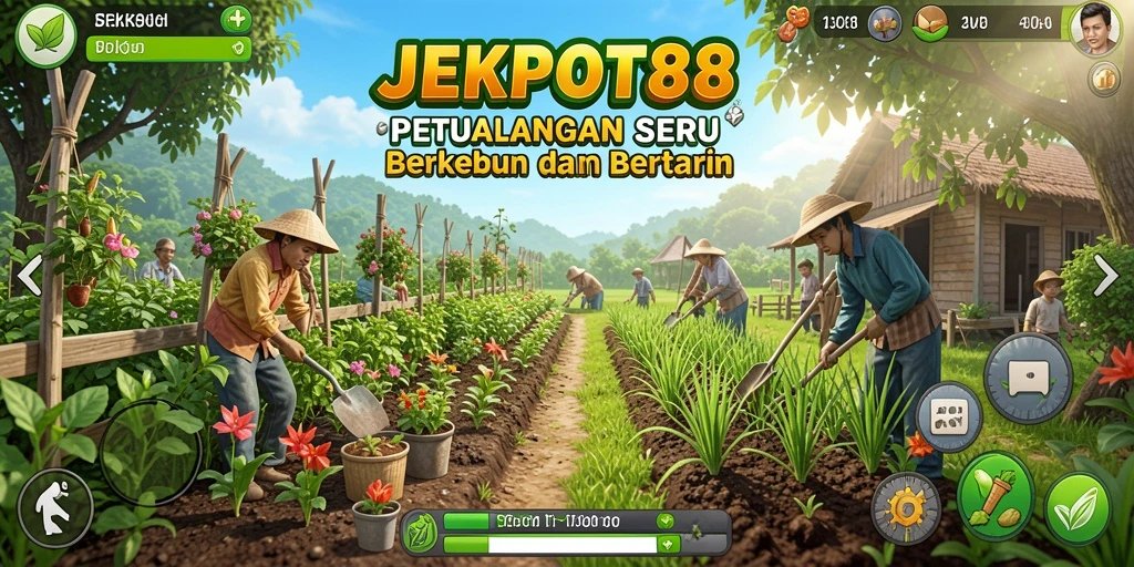 Tampilan screenshot utama JEKPOT88 yang menunjukkan aktivitas berkebun.