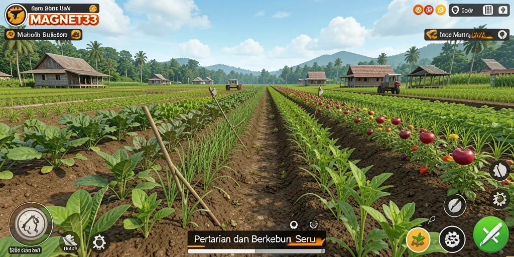 Screenshot utama MAGNET33 menunjukkan gameplay pertanian yang dinamis dan menarik.