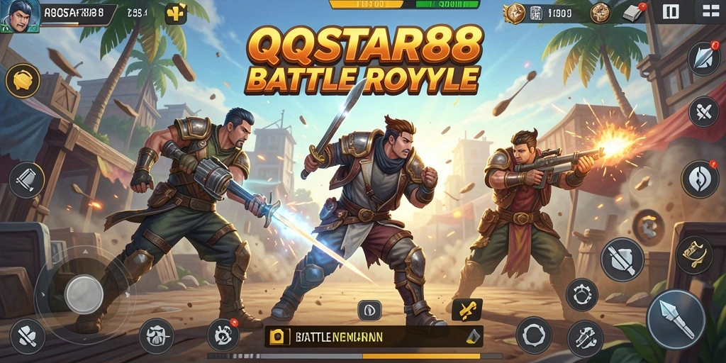 Screenshot utama QQSTAR88 menampilkan aksi pertandingan Battle Royale yang mendebarkan.
