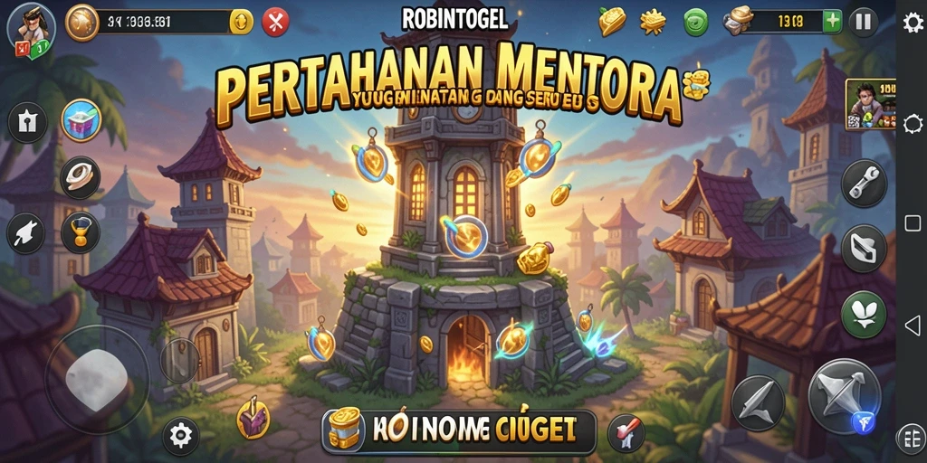 Screenshot utama ROBINTOGEL menampilkan aksi pertahanan menara yang mendebarkan.