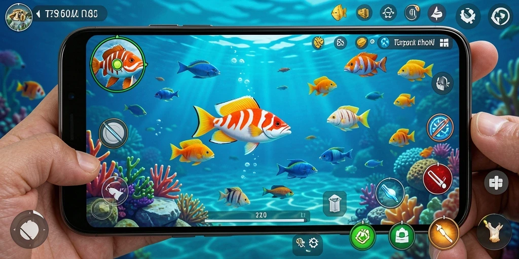 Screenshot gameplay RP55 yang menampilkan aksi menembak ikan dengan grafis bagus.