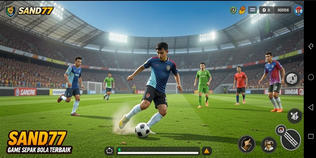 Tampilan gameplay yang mendebarkan di SAND77 dengan aksi sepak bola yang intens.