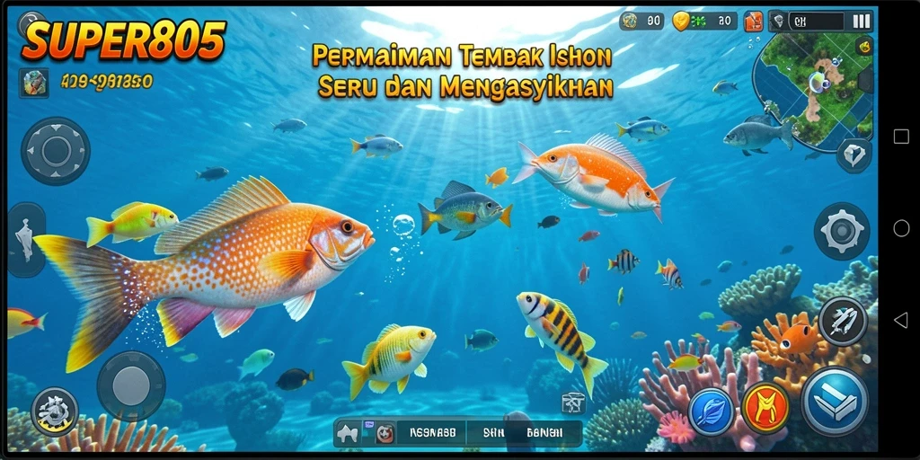 Screenshot utama dari gameplay dalam <strong>SUPER805</strong> yang menunjukkan serunya menangkap ikan.